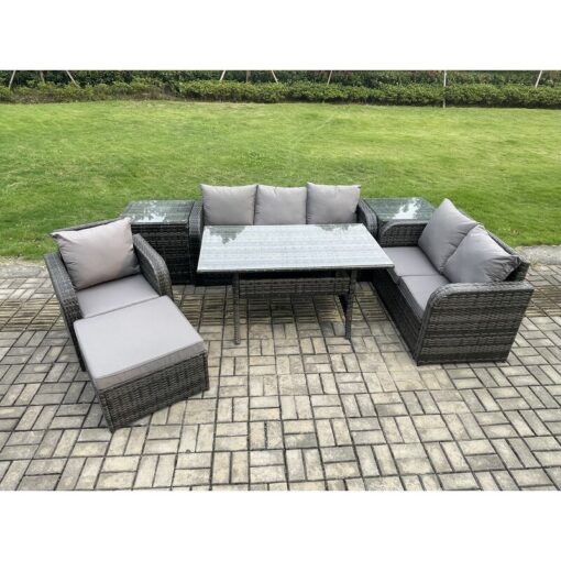 Fimous 7 Piece Rattan Garden Furniture Set with Patio Sofa Rectangular Dining Table 2 Side Table Big Footstool Indoor Conservatory Patio Set