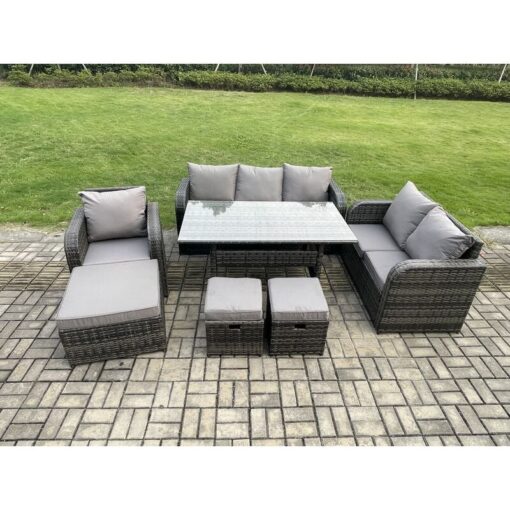 Fimous 7 Piece Rattan Garden Furniture Set with Patio Sofa Rectangular Dining Table 3 Small Footstools Indoor Conservatory Patio Set