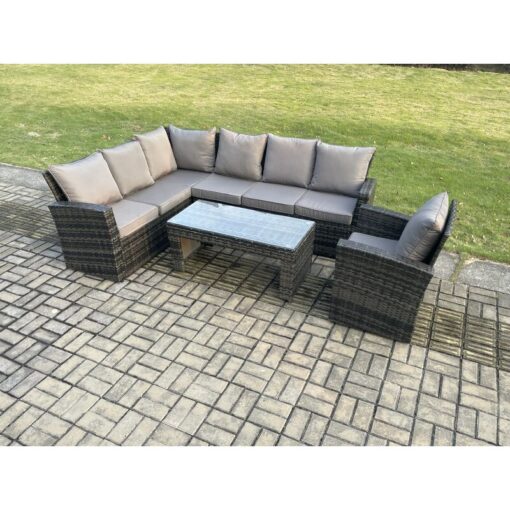 Fimous - 7 Seat Rattan Garden Furniture Corner Sofa Set Outdoor Patio Chair Sofa Table Set Dark Grey Mixed