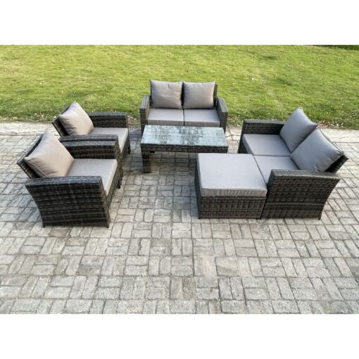 Fimous 7 Seater Dark Grey Mixed High Back Rattan Sofa Set Coffee Table Garden Furniture Outdoor Patio With Love Sofa Arm Chairs Big footstool