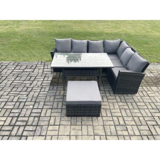 Fimous 7 Seater Garden Rattan Furniture Corner Sofa Dining Table Set with Big Footstool Indoor Outdoor Lounge Sofa Set