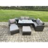 Fimous 7 Seater Lounge Rattan Sofa Set Outdoor Garden Furniture Oblong Rectangular Dining Table With Chairs 2 Big Footstool 2 Side Tables Dark Grey