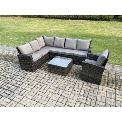 Fimous - 7 Seater Outdoor Furniture Garden Dining Set Rattan Corner Sofa Set with Square Coffee Table Armchair Dark Grey Mixed