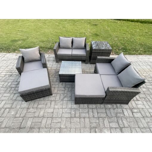 Fimous - 7 Seater Outdoor Rattan Garden Furniture Set Conservatory Patio Sofa Coffee Table Set with Chair Side Table 2 Big Footstool Dark Grey Mixed