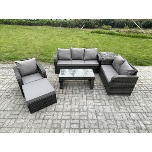 Fimous 7 Seater Outdoor Rattan Garden Furniture Set Rattan Lounge Sofa Set with Rectangular Coffee Table Reclining Chair Big Footstool Side Table