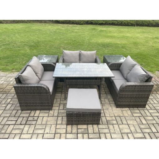 Fimous - 7 Seater Outdoor Rattan Garden Furniture Set with Patio Rectangular Dining Table Love Sofa 2 Side Tables Big Footstool Dark Grey Mixed