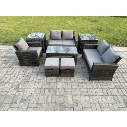 Fimous 7 Seater Outdoor Rattan Patio Furniture Set Garden Lounge Sofa Set with 2 Side Tables 2 Small Footstools Coffee Table Dark Grey Mixed