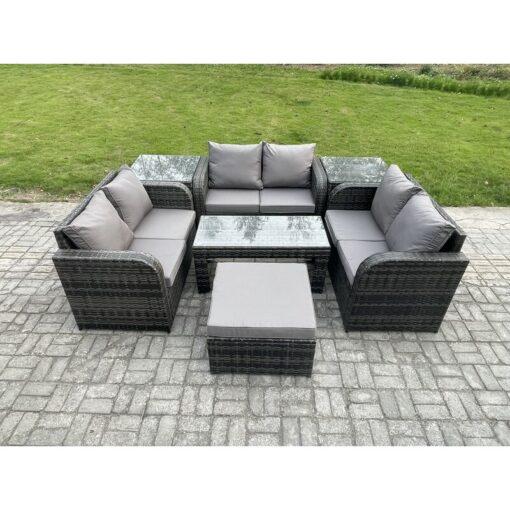 Fimous 7 Seater Rattan Garden Furniture Set Indoor Outdoor Patio Sofa Set with Coffee Table Love seat Sofa 2 Side Tables Big Footstool Dark Grey Mixed