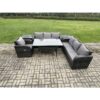 Fimous 7 Seater Rattan Garden Furniture Set Oblong Rectangular Dining Table and Chairs Set with 3 Seater Sofa 2 Side Tables Dark Grey Mixed