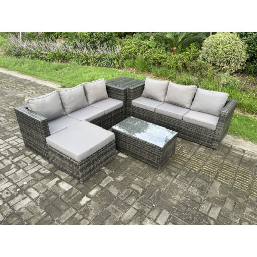 Fimous 7 Seater Rattan Garden Furniture Set Outdoor Patio Sofa Set with Oblong Coffee Table Side Table Big Footstool Dark Grey Mixed