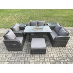 Fimous - 7 Seater Rattan Garden Furniture Set Propane Gas Fire Pit Table and Sofa Chair set with 2 Side Tables Big Footstool