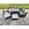 Fimous 7 Seater Rattan Outdoor Garden Furniture Gas Fire Pit Table Sets Gas Heater with Love Sofa Armchair 2 Big Footstool Side Table Dark Mixed Grey