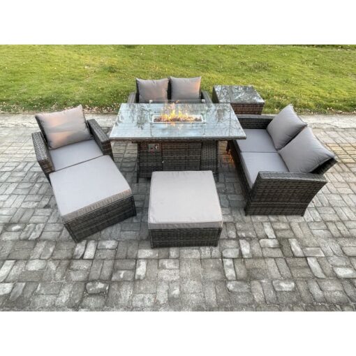 Fimous 7 Seater Rattan Outdoor Garden Furniture Gas Fire Pit Table Sets Gas Heater with Love Sofa Armchair 2 Big Footstool Side Table Dark Mixed Grey