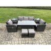 Fimous - 7 Seater Rattan Outdoor Garden Furniture Set Rectangular Dining Table and Chair Sofa Set With 2 Side Tables 2 Small Footstools Dark Grey