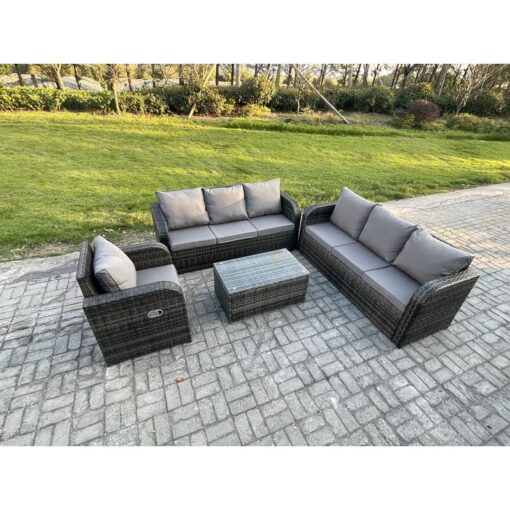 Fimous 7 Seater Rattan Outdoor Garden Furniture Sofa Set Patio Table & Chairs Set with 3 Seater Sofa Reclining Chair 3 Seater Sofa Dark Grey Mixed