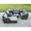 Fimous - 7 Seater Rattan Sofa Set Outdoor Garden Furniture Set with Square Coffee Table Loveseat Sofa Reclining Chairs 2 Side Tables Big Footstool