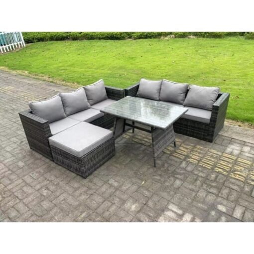 Fimous 7 Seater Wicker PE Rattan Garden Dining Set Outdoor Furniture Sofa with Dining Table Big Footstool Dark Grey Mixed