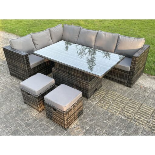 Fimous - 8 Seat Dark Mixed Grey Rattan Garden Furniture Corner Sofa Set Adjustable Dining Or Coffee Table Left Side