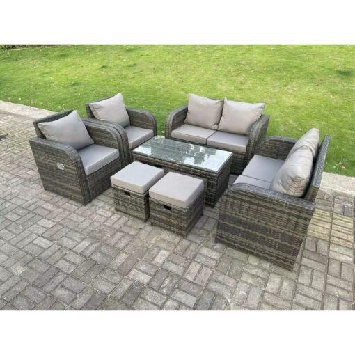 Fimous 8 Seater Dark Grey PE Wicker Rattan Garden Furniture Set Reclining Chair 2 Seater Love Sofa Set Outdoor Rectangular Coffee Table Stools