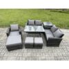 Fimous 8 Seater Garden Dining Set Wicker PE Rattan Outdoor Furniture Sofa with Rectangular Dining Table Double Seat Sofa Side Table 3 Footstools Dark