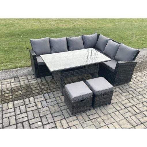 Fimous 8 Seater Garden Rattan Furniture Corner Sofa Dining Table Set with 2 Small Footstools Indoor Outdoor Lounge Sofa Set