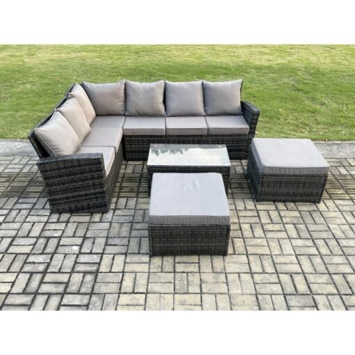 Fimous - 8 Seater High Back Outdoor Garden Furniture Set Rattan Corner Sofa Set With Rectangular Coffee Table 2 Big Footstool Dark Grey Mixed