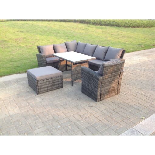 Fimous - 8 Seater High Back Rattan Garden Furniture Set Corner Sofa With Oblong Dining Table Footstool With Arm Chair