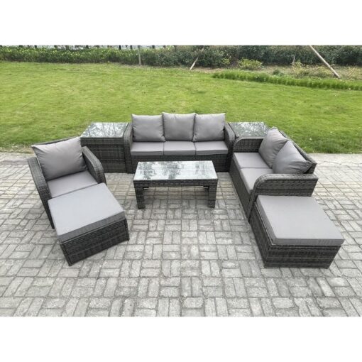 Fimous - 8 Seater High Back Rattan Garden Furniture Set with Reclining Chair Rectangular Coffee Table 2 Side Tables 2 Big Footstool Indoor Outdoor