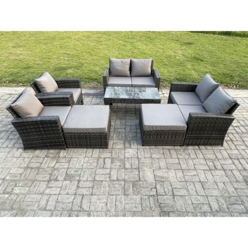 Fimous 8 Seater High Back Rattan Garden Furniture Sofa Sets with Rectangular Coffee Table 2 Big Footstool Loveseat Sofa Armchair Dark Grey Mixed