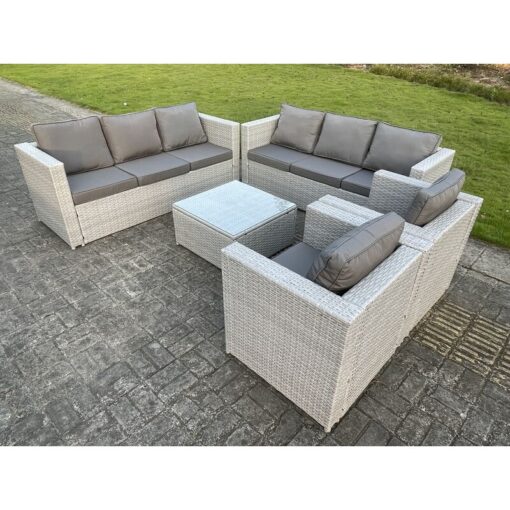 Fimous 8 Seater Light Grey Outdoor PE Rattan Garden Furniture Set Wicker Sofa Set Square Coffee Table 2 Armchair