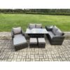 Fimous 8 Seater Lounge Rattan Sofa Set Outdoor Garden Furniture Oblong Rectangular Dining Table With Chairs 3 Footstools Side Table Dark Grey Mixed