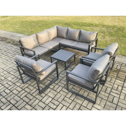 Fimous 8 Seater Outdoor Aluminium Garden Furniture Set Corner Lounge Sofa Set with Square Coffee Table Chair Dark Grey