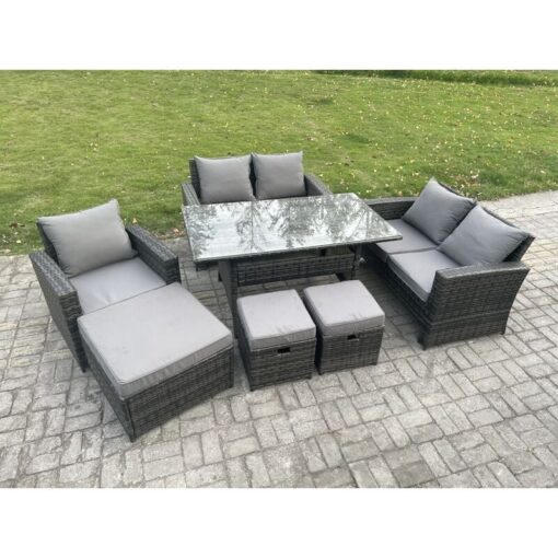 Fimous 8 Seater Outdoor Garden Dining Set Wicker PE Rattan Furniture Sofa with Rectangular Dining Table Double Seat Sofa Dark Grey Mixed