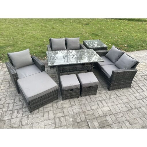 Fimous 8 Seater Outdoor Garden Dining Set Wicker PE Rattan Furniture Sofa with Rectangular Dining Table Double Seat Sofa Side Table 3 Footstools Dark