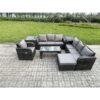 Fimous 8 Seater Outdoor Lounge Sofa Set Rattan Garden Furniture Set with Rectangular Coffee Table Big Footstool 3 Seater Sofa 2 Side Tables Dark Grey