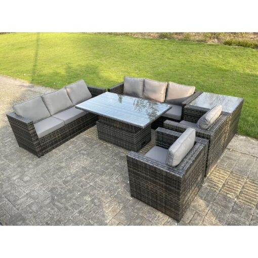 Fimous - 8 Seater Outdoor Rattan Garden Furniture Adjustable Rising Lifting Table Chairs Dark Grey Mixed