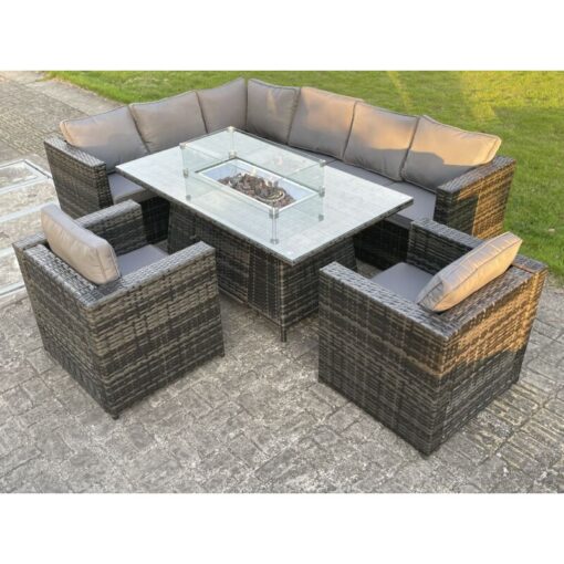 Fimous - 8 Seater Outdoor Rattan Garden Furniture Corner Sofa Burner Gas Fire Pit Table Sets Lounge Chairs Dark Grey