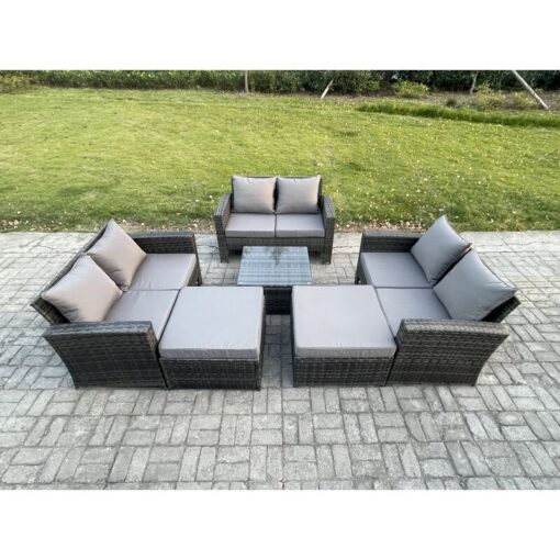 Fimous - 8 Seater Outdoor Rattan Garden Furniture Set Conservatory Patio Sofa Coffee Table Set with 2 Big Footstool Dark Grey Mixed