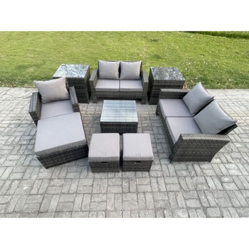 Fimous - 8 Seater Outdoor Rattan Garden Furniture Set Conservatory Patio Sofa Coffee Table Set with Chair 2 Side Tables 3 Footstools Dark Grey Mixed