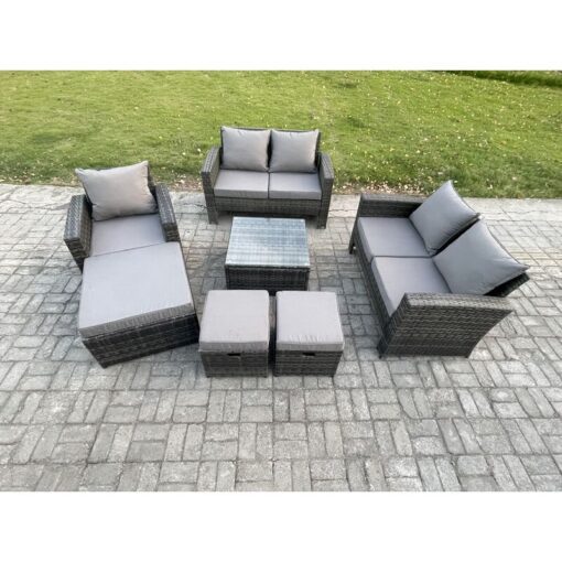 Fimous 8 Seater Outdoor Rattan Garden Furniture Set Conservatory Patio Sofa Coffee Table Set with Chair 3 Footstools Dark Grey Mixed