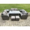 Fimous - 8 Seater Outdoor Rattan Garden Furniture Set with Patio Rectangular Dining Table 2 Side Tables Love Sofa 2 Small Footstools Dark Grey Mixed