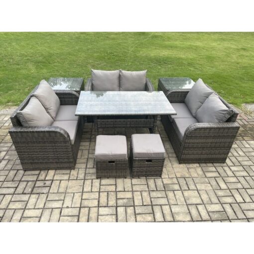 Fimous - 8 Seater Outdoor Rattan Garden Furniture Set with Patio Rectangular Dining Table 2 Side Tables Love Sofa 2 Small Footstools Dark Grey Mixed