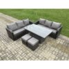 Fimous - 8 Seater Outdoor Rattan Garden Furniture Sets Height Adjustable Rising lifting Dining Table Sofa Set with 2 Small Footstools Dark Grey Mixed