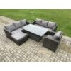 Fimous - 8 Seater Outdoor Rattan Garden Furniture Sets Height Adjustable Rising lifting Dining Table Sofa Set with Reclining Chair Big Footstool Dark