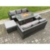 Fimous 8 Seater Outdoor Rattan Garden Furniture Sofa Set Gas Fire Pit Dining Table Gas Heater Burner With 3 Seater Sofa 2 Big Footstools Dark Grey