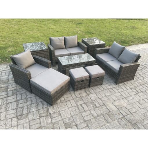 Fimous 8 Seater Outdoor Rattan Patio Furniture Set Garden Lounge Sofa Set with 2 Side Tables 3 Footstools Coffee Table Dark Grey Mixed