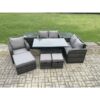 Fimous - 8 Seater Rattan Furniture Garden Dining Set Outdoor Height Adjustable Rising lifting Table Love Sofa Chair With 2 Side Tables 3 Footstools