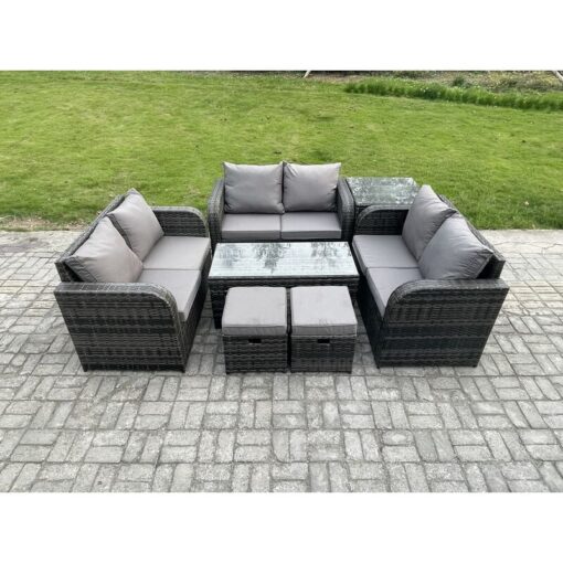 Fimous 8 Seater Rattan Garden Furniture Set Indoor Outdoor Patio Sofa Set with Coffee Table Love seat Sofa Side Table 2 Small Footstools Dark Grey