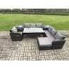 Fimous 8 Seater Rattan Garden Furniture Set Oblong Rectangular Dining Table and Chairs Set with 3 Seater Sofa 2 Side Tables Big Footstool Dark Grey