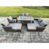 Fimous - 8 Seater Rattan Garden Furniture Set Outdoor Lounge Sofa Chair Gas Fire Pit Dining Table Set With 2 Big Footstool Double Seat Sofa Armchiar